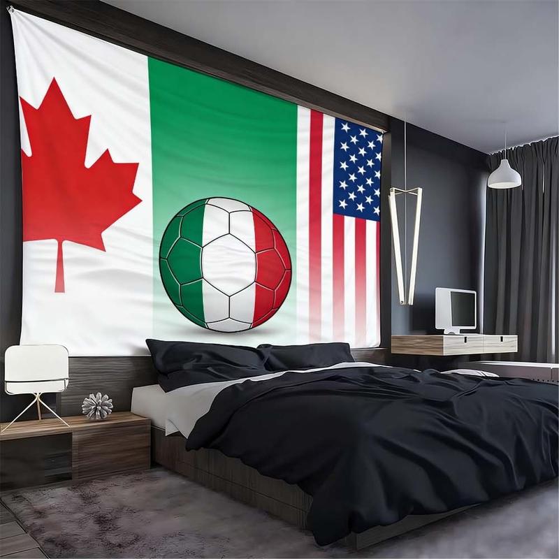 1 pc microfiber FIFA World Cup Tapestry Wall Hanging Soccer Flags Decor Living Room Dining Room Bedroom Outdoor Holiday Atmosphere Enhancement Green Red White American Canadian Flag Soccer Ball Art Multinational Sports Theme Stylish Decorative Background