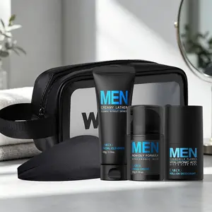 Men's Grooming Gym Kit 5-Pcs, Sport Skin Care Set with Facial Cleanser 100g, Face Cream 50g, Roll-On Deodorant 50ml, Sweat Headband & Travel Bag, Refreshing Oil Control & Odor Protection, Ideal for Gym & Travel