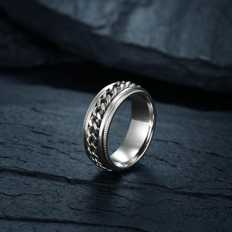 Anxiety Spinner Ring Stainless Steel Rotating Men's Ring Embossed Chain Fidget Band
