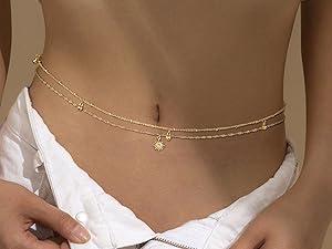 Sanfenly Gold Belly Chains Waist Chains for Women of adult Waterproof Stainless Steel Pearl Beaded Seashell Starfish Body Chain Belly Necklace Bracelet Stomach Jewelry Chain 26"-43" beads