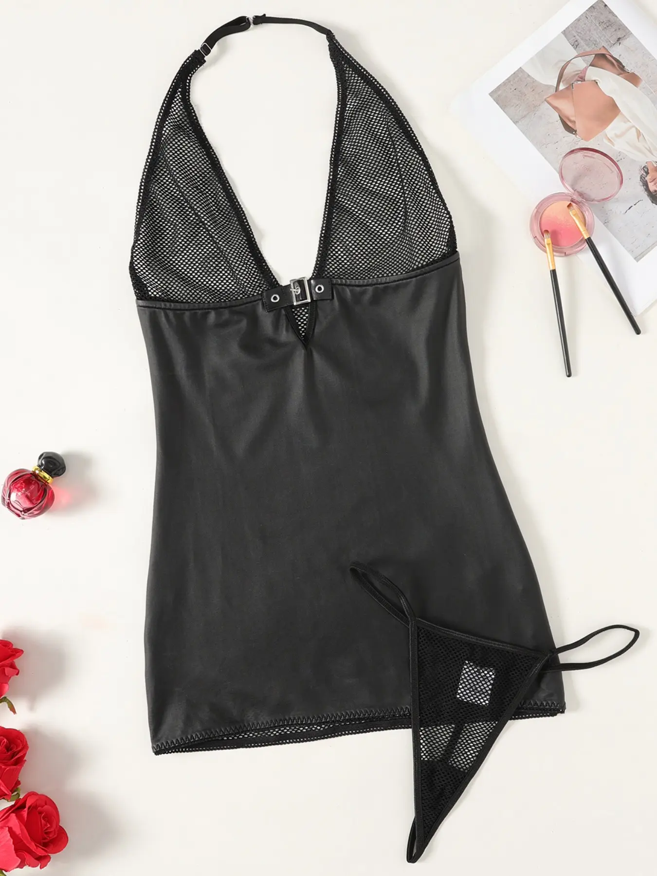 Women's Deep V-Neck Fishnet Panel Faux Leather Sleeveless Bodycon Dress, Sexy Slim-Fitting Dress for All Seasons, Trendy Patchwork Design