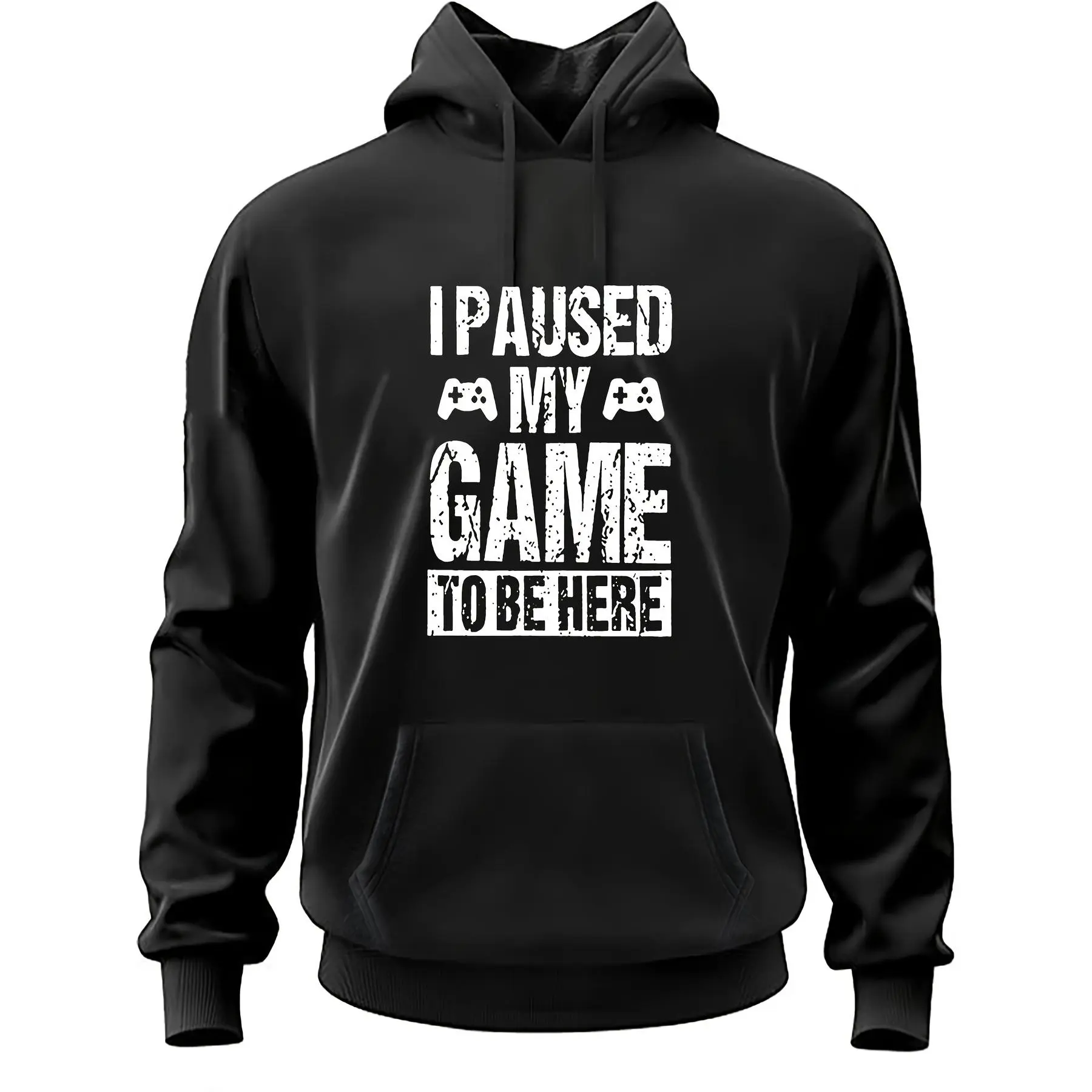I Paused My Game To Be Here Front‑Print Hoodie Vintage Distressed Game Controller Graphic Hooded Sweatshirt Funny Gamer Quote Casual Oversized Pullover Hoodie Gaming‑Lover Street‑Style Outerwear