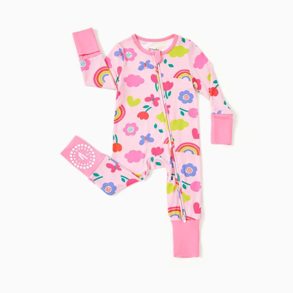 PatPat Bamboo Baby Boy / Girl 3-Pack&2-Pack Solid&Rainbow Printed 2-Way Zip Romper Anti Slip Long-sleeve Footie