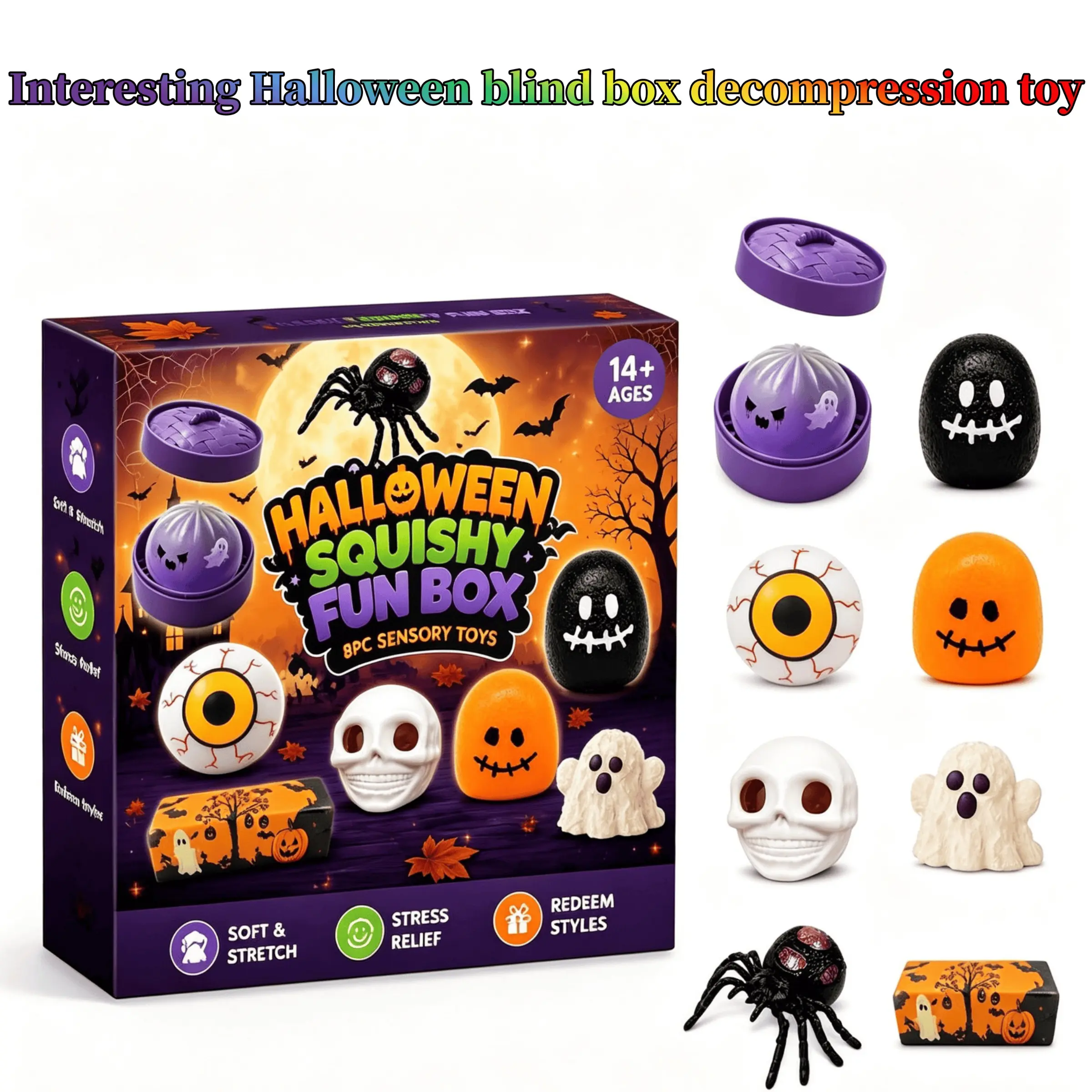 8-piece Halloween Mystery Box Fun Set, Maltose Shaped Soft Squeezing Toy, Slow Rising Pressure Ball, Relieve Anxiety, Party Gift