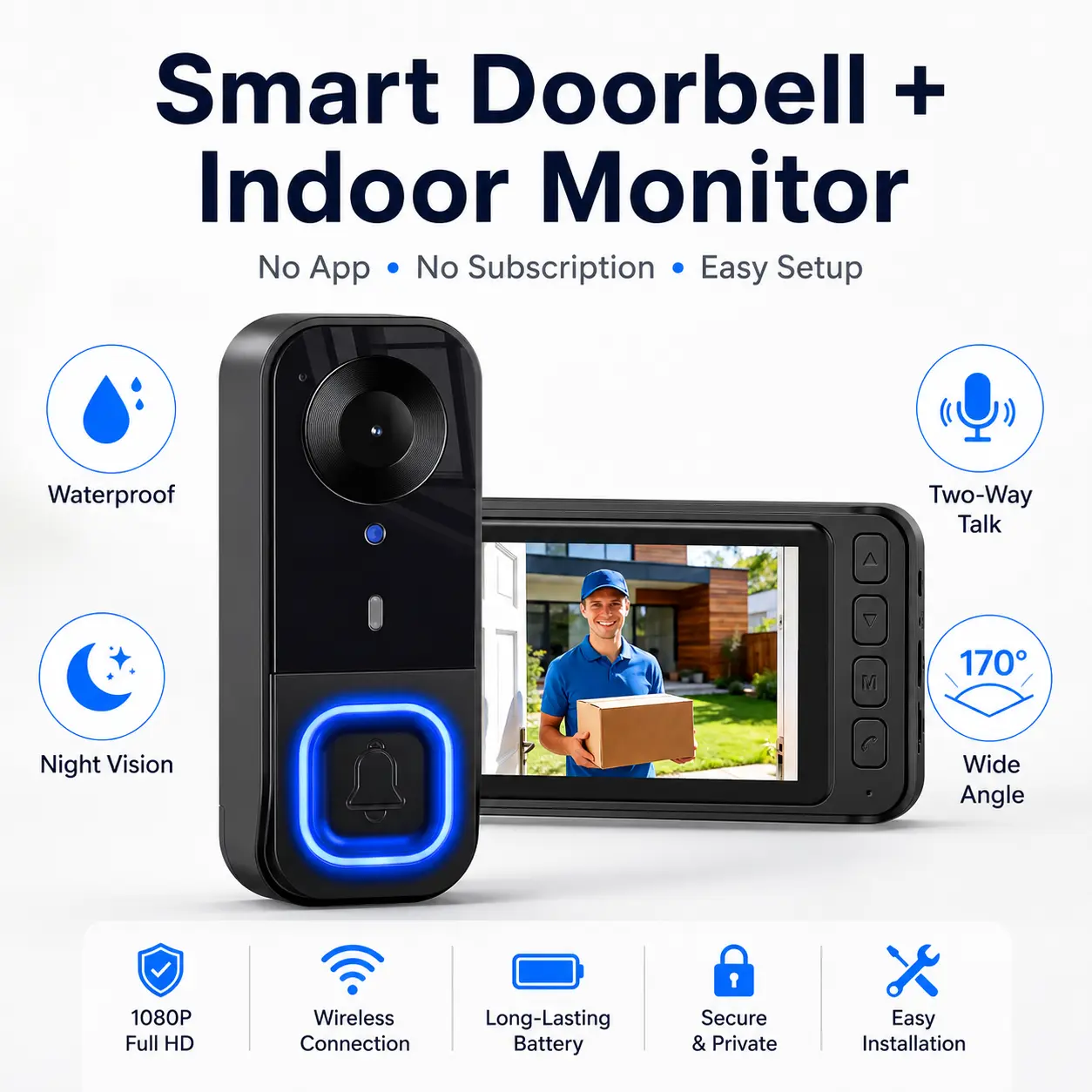 1080P Doorbell Camera and Indoor Monitor System, Subscription-Free Wireless Video Intercom with 170° Wide View, Two-Way Audio, Infrared Night Vision and Waterproof Design for Home Entrance Security