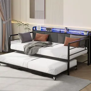 Daybed Twin Bed Frame Daybed Pop‑Up Trundle Bed with Trundle & Linen Upholstered Storage Headboard & Charging Station & LED Light for Living Room, Bedroom