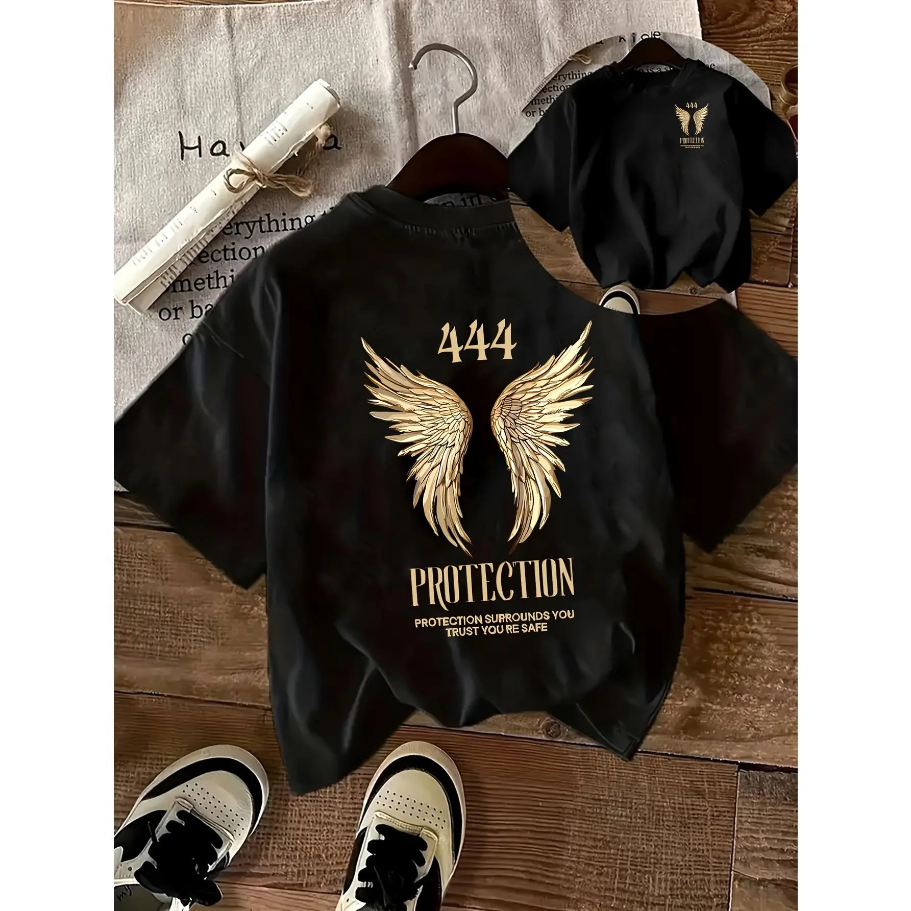 444 Protection Angel Wings Double Sided Print T-Shirt, Angel Number Positive Affirmation Graphic Tee, Golden Wings Inspirational Quote Short Sleeve Top, Spiritual Manifest Casual Tee For Men Women