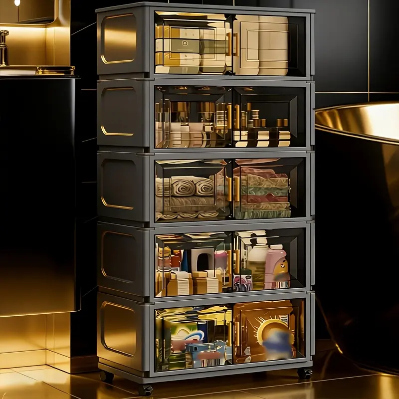 Convenient stackable storage box with lid, 3/4/5/6 layer foldable shower product storage cabinet with magnetic door, household multifunctional plastic storage box with roller, space saving cube storage cabinet
