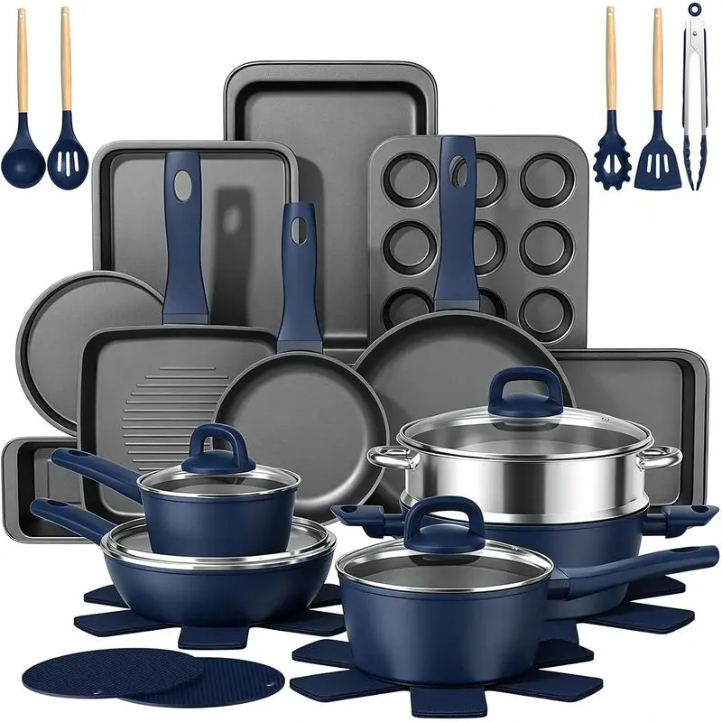 31-Piece Nonstick Cookware and Bakeware Set, Navy Blue Aluminum Pots and Pans for Induction, Gas and Electric Stovetops with Utensils and Pan Protectors
