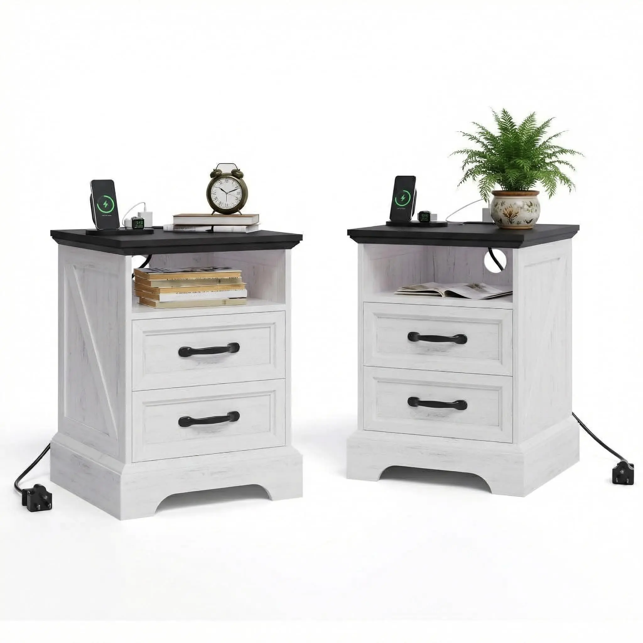 2-Pack Modern Rustic Farmhouse Nightstand Set - Rectangular Indoor Bedroom Furniture with Charging Station, 2 Drawers, Open Shelf, Multi-Port USB Outlets for Small Spaces
