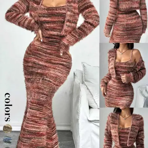 New Fall & Winter Vintage Colorblock Knit Set, Casual Elegant Chic Cardigan, Long-Sleeve Jacket and Dress, Women's Fashion