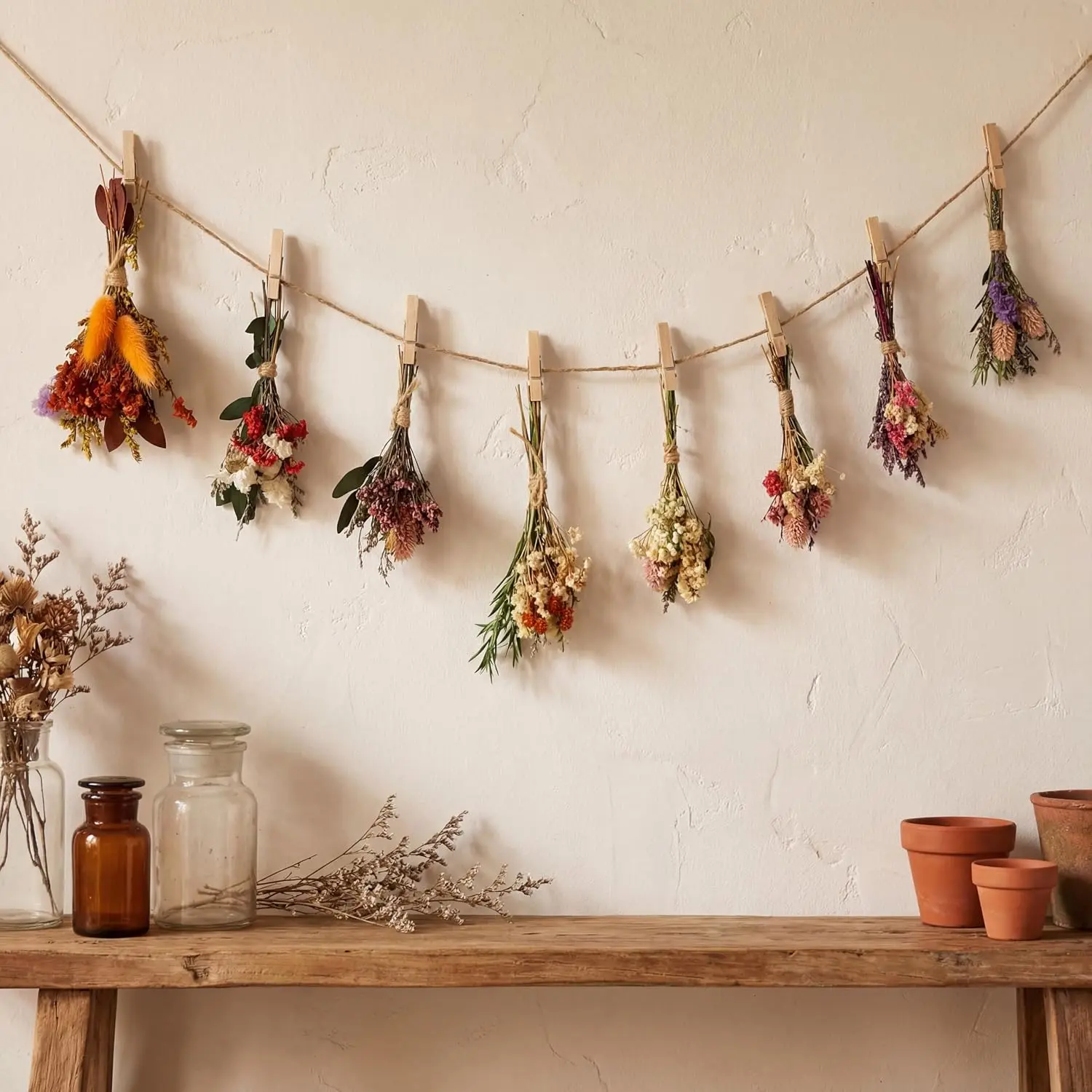 8 Sets Mini Dried Flower Bouquet Natural Hanging Dried Flower Wall Decor Boho Flowers Garland Farmhouse Plants Valentines Decoration for Room Home Table (Boho)