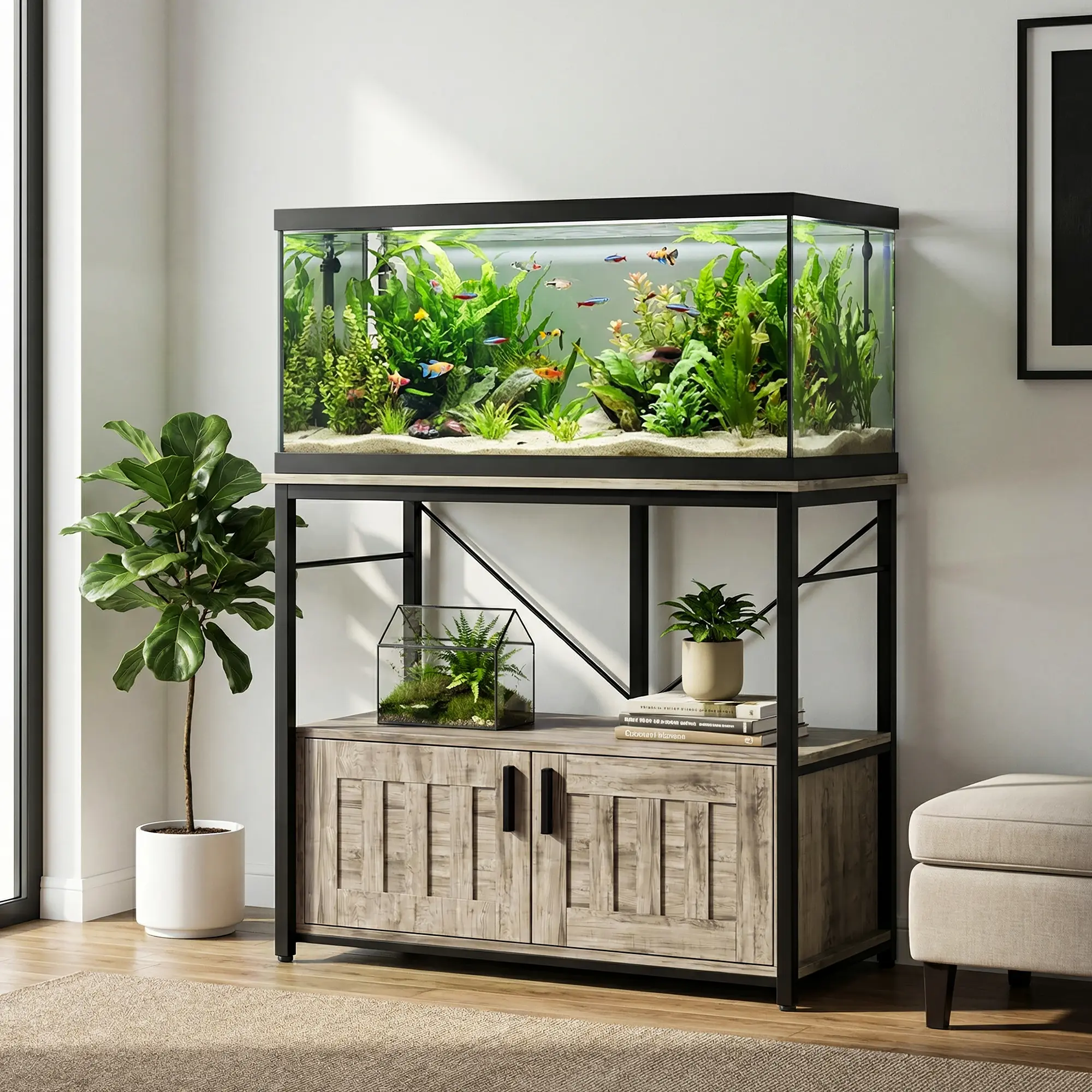 40-50 Gallon Fish Tank Stand with Double Tier Metal Frame, 660lbs Support, Adjustable Feet, Waterproof Panels, Two Storage Shelves, Ideal for Home or Office