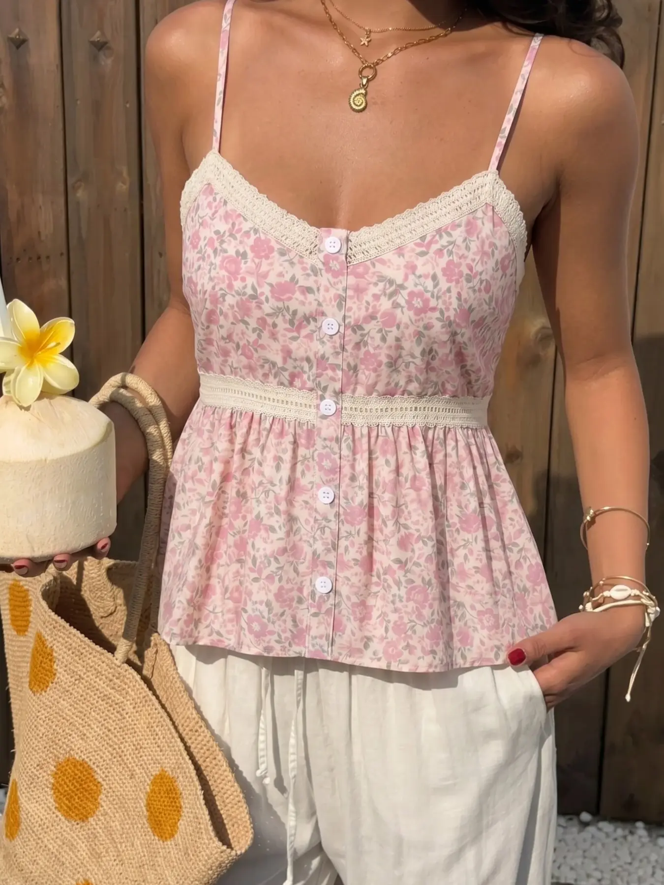 Ditsy Floral Lace Trim Cami Top, Adjustable Spaghetti Strap, Smocked Back Peplum Tank, Casual Cottagecore Button Front Crop Camisole