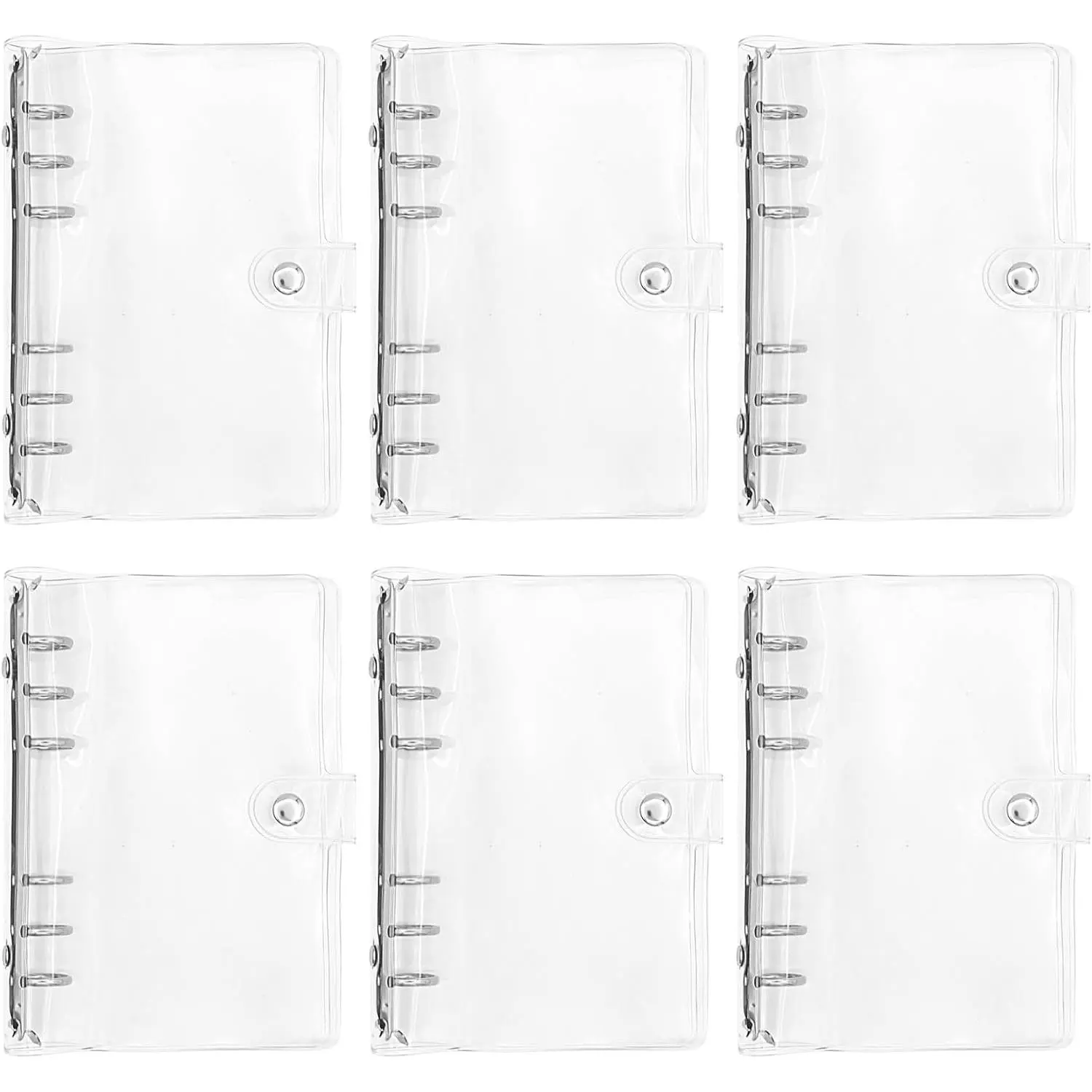 6 Pack PVC A6 Binder Transparent 6 Ring Binder Clear Soft PVC Notebook Cover Budget Planner Folder Cover with Snap Button