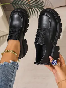 Dark Thick Sole Derby Shoes for Women, British Style Laced Wide Toe Single Shoe, Height-Boosting Chunky Heel Commuter Loafers, Fashionable Comfortable Boots