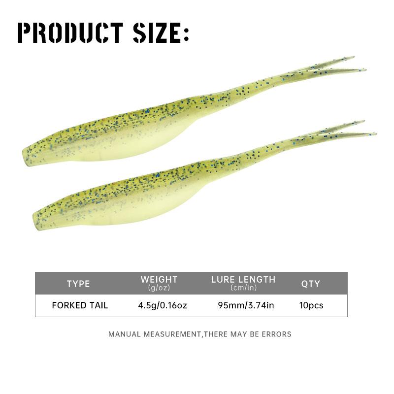 10Pcs Soft Lure Fork Tail Worm 4.5g 9.5cm Artificial Bait Fishing Tackle