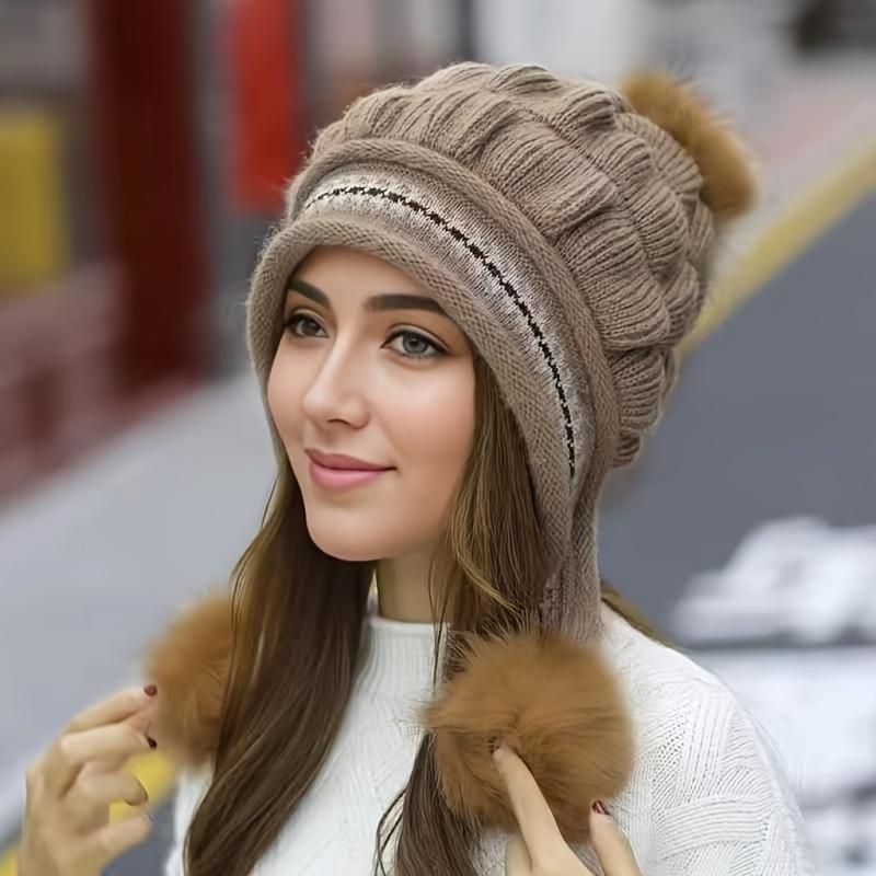 TikTokShopBlackFriday Fantasy Fleece Beanie with Earflaps, Stretchy Acrylic Winter Hat with Adjustable Fit and Built-In Storage Pocket, Soft Hand-Washable Headwear for Cold Weather, Outdoor Activities, and Casual Wear skull cap Knit Heart unisex design