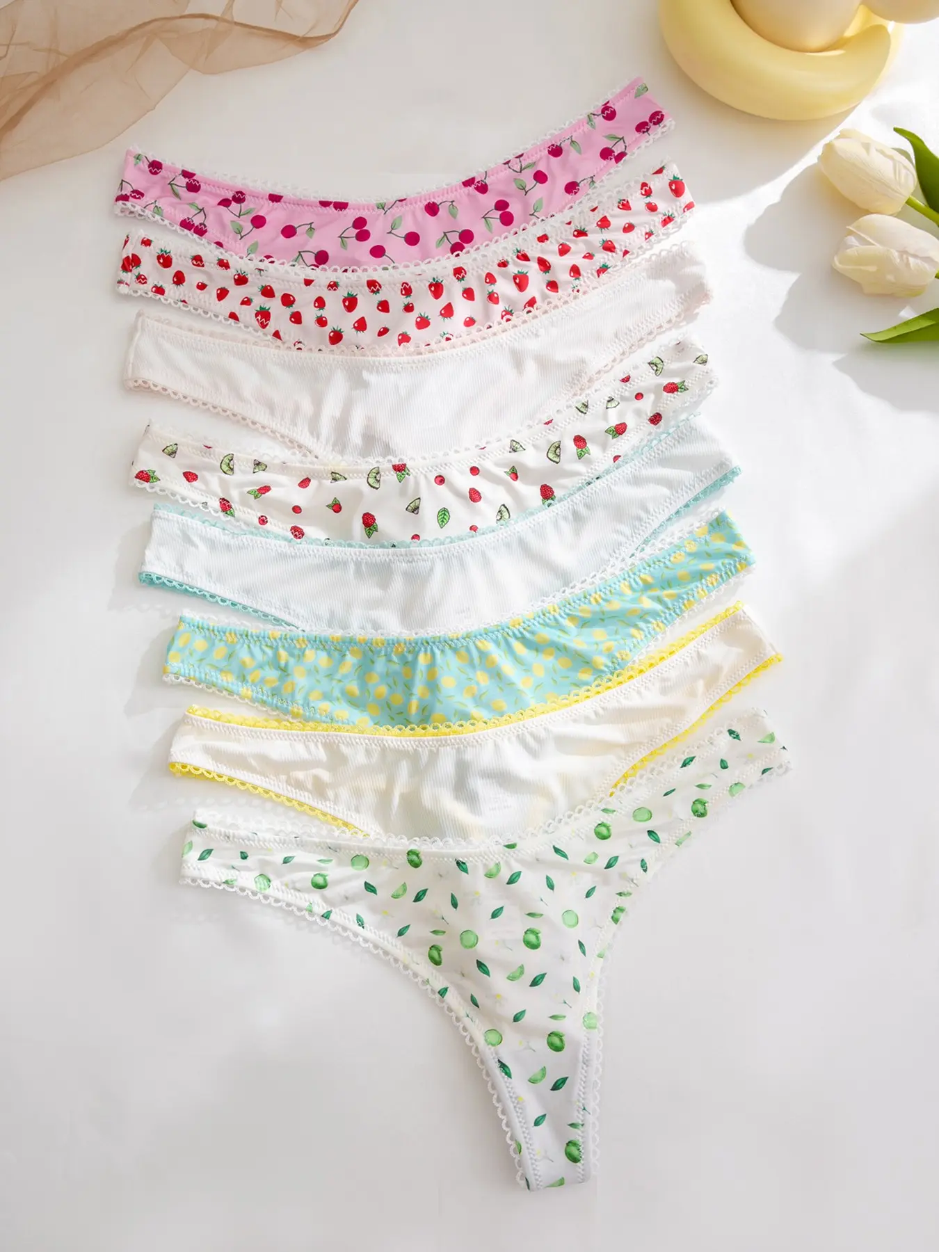 8-Pack Women's Ice Silk Low-Waist Thong Underwear, Various Patterns, Multiple Colors Available, Essential Daily Wear, Comfortable and Stylish