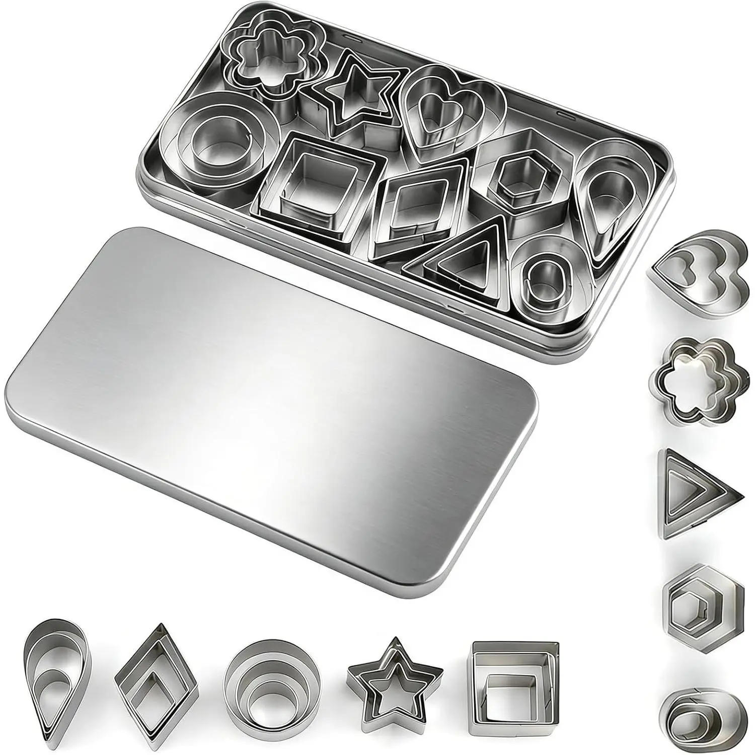 shuielia 30Pcs Mini Geometric Cookie Cutter Set with Storage Box, Stainless Steel Small Cutters for Biscuit, Fruit, Veggie, Polymer Clay & Fondant Baking Tools