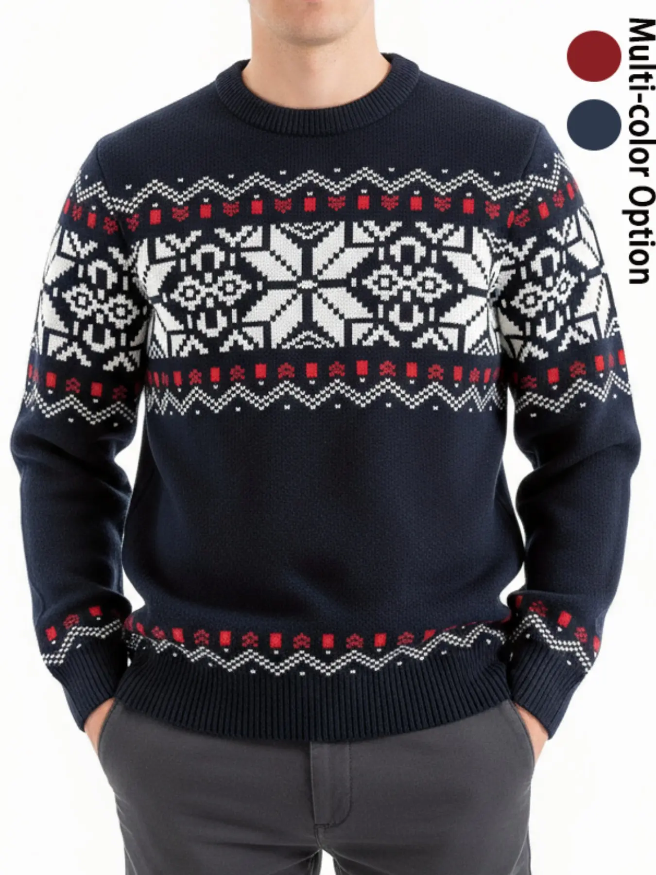 Men's Fair Isle Crew Neck Sweater Vintage Nordic Geometric Pattern Knit Pullover Premium Soft Fabric Fall Winter Essential Warm Casual Holiday Christmas Jumper Relaxed Fit Knitwear for Men Daily Party Outfit Preppy Style Versatile Layering Red Blue