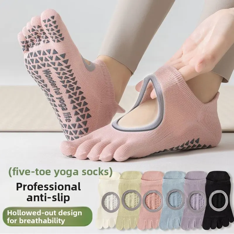 Non-Slip Five Toe Yoga Socks with Grips, Breathable Hollow Design for Pilates & Home Workouts