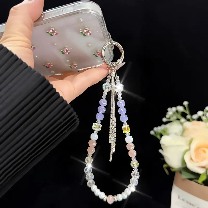 Pastel Crystal Pearl Beaded Phone Charm Strap with Rhinestone Tassel, Universal Anti-Lost Wrist Lanyard and Clear Phone Tab, Compatible with iPhone, Samsung Galaxy, Google Pixel, Xiaomi, Huawei and Most Smartphone Cases, Fashion Gift for Women