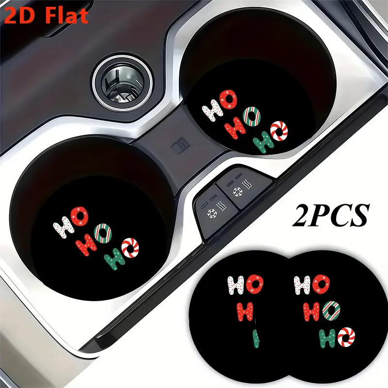 2D Flat,2pcs Christmas HOHOHO Print Cup Holder Coaster,Car Interior Decor,Non-Slip Beverage Mat for Woman and for Man,Universal Drink Mats for Vehicle Interiors,Ideal Halloween,Christmas,Birthday&Daily Gift for Friends., 2D Flat