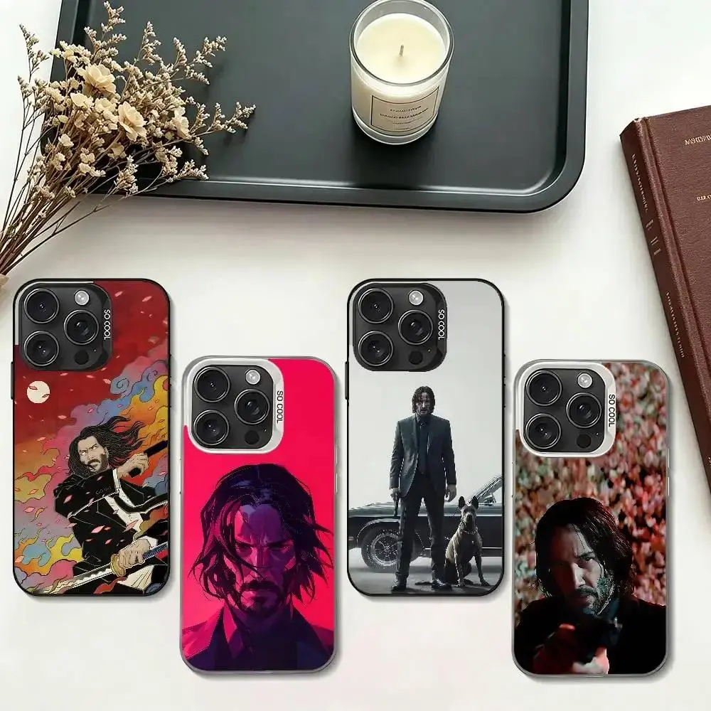 John Wick Cartoon Slim Fit Smartphone Case - J Silver Electroplated, Shockproof Handheld Cover for iPhone 11-17 Pro Max/Plus & Samsung Galaxy S23-S25 Protective Accessory