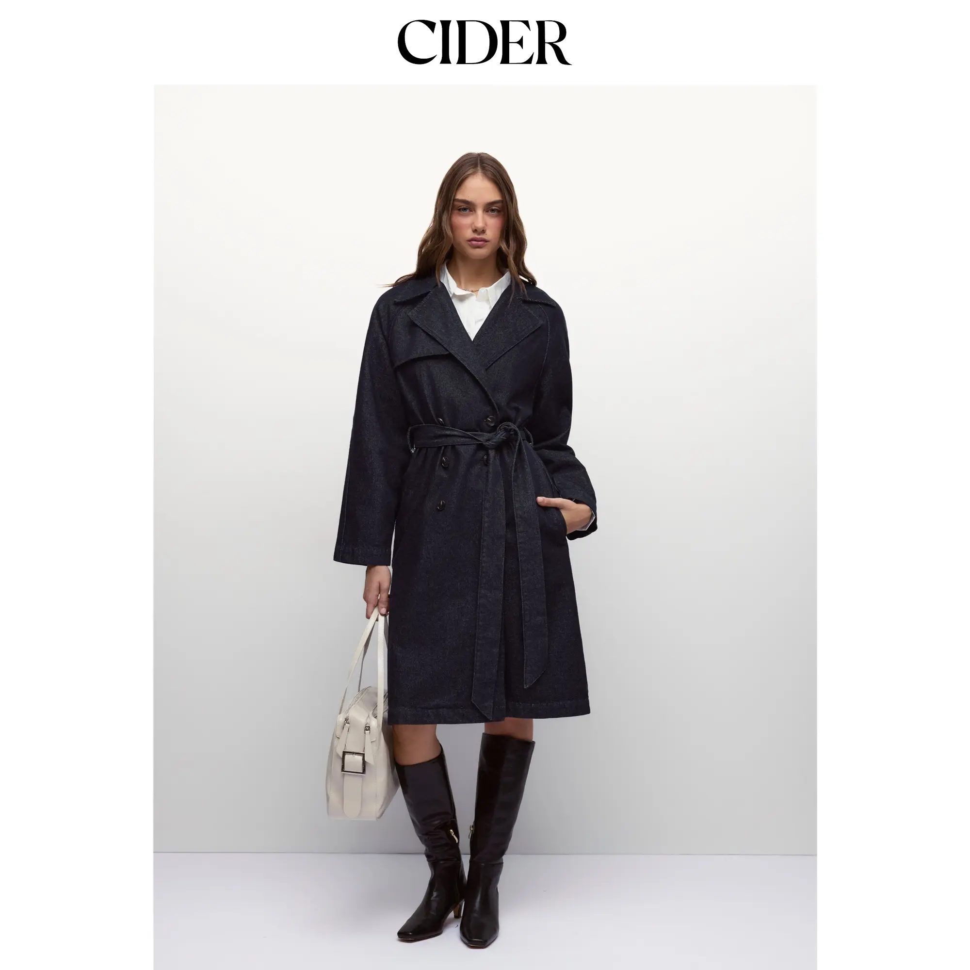 Cider Denim Washed Notched Collar Double Breasted Longline Oversized Jacket With Belt