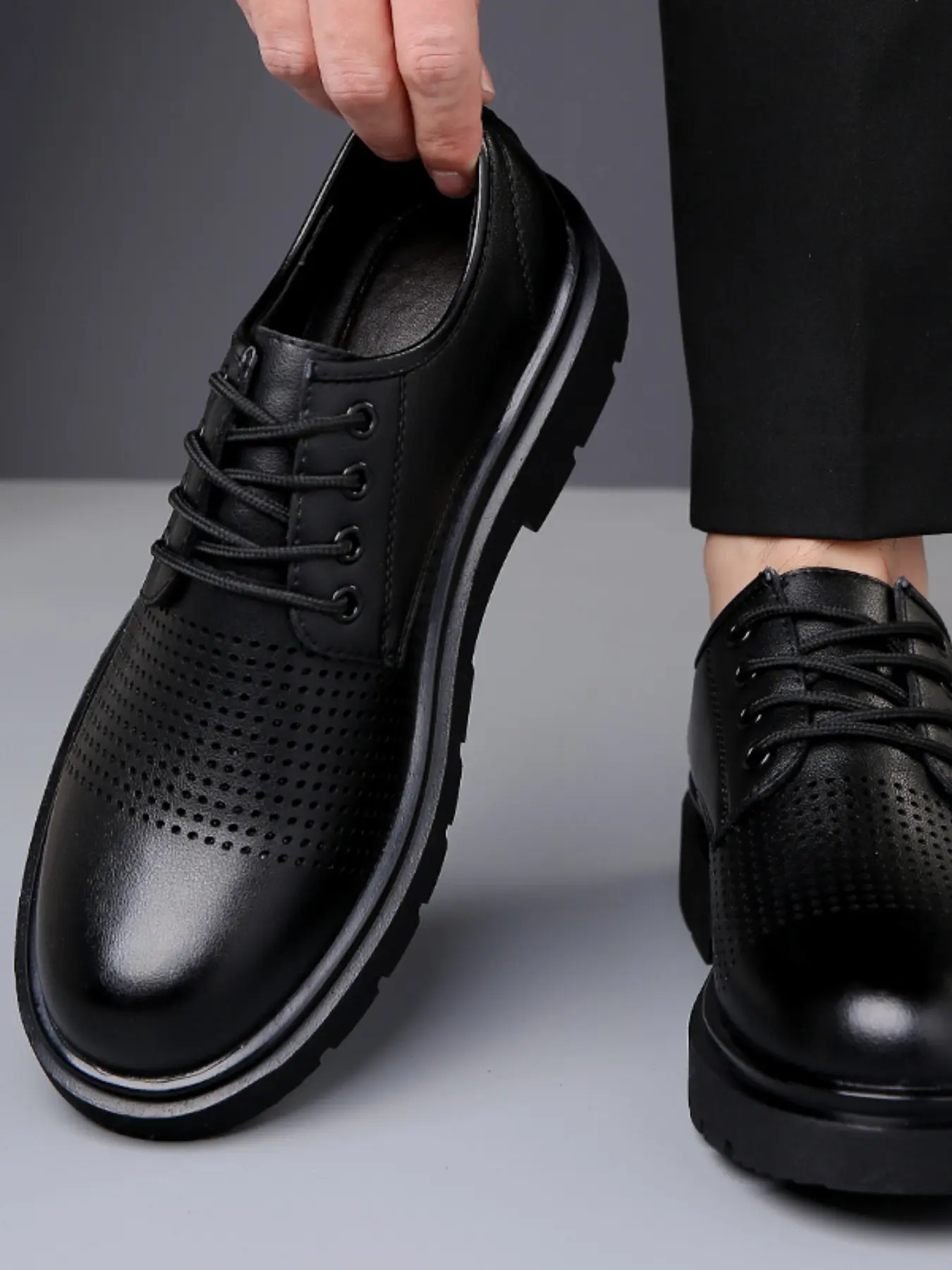Summer Thick Sole Business Formal Shoes, Hollow Out Design, Height Increase, Anti-Slip, Breathable, Comfortable, Wedding & Commute Shoes