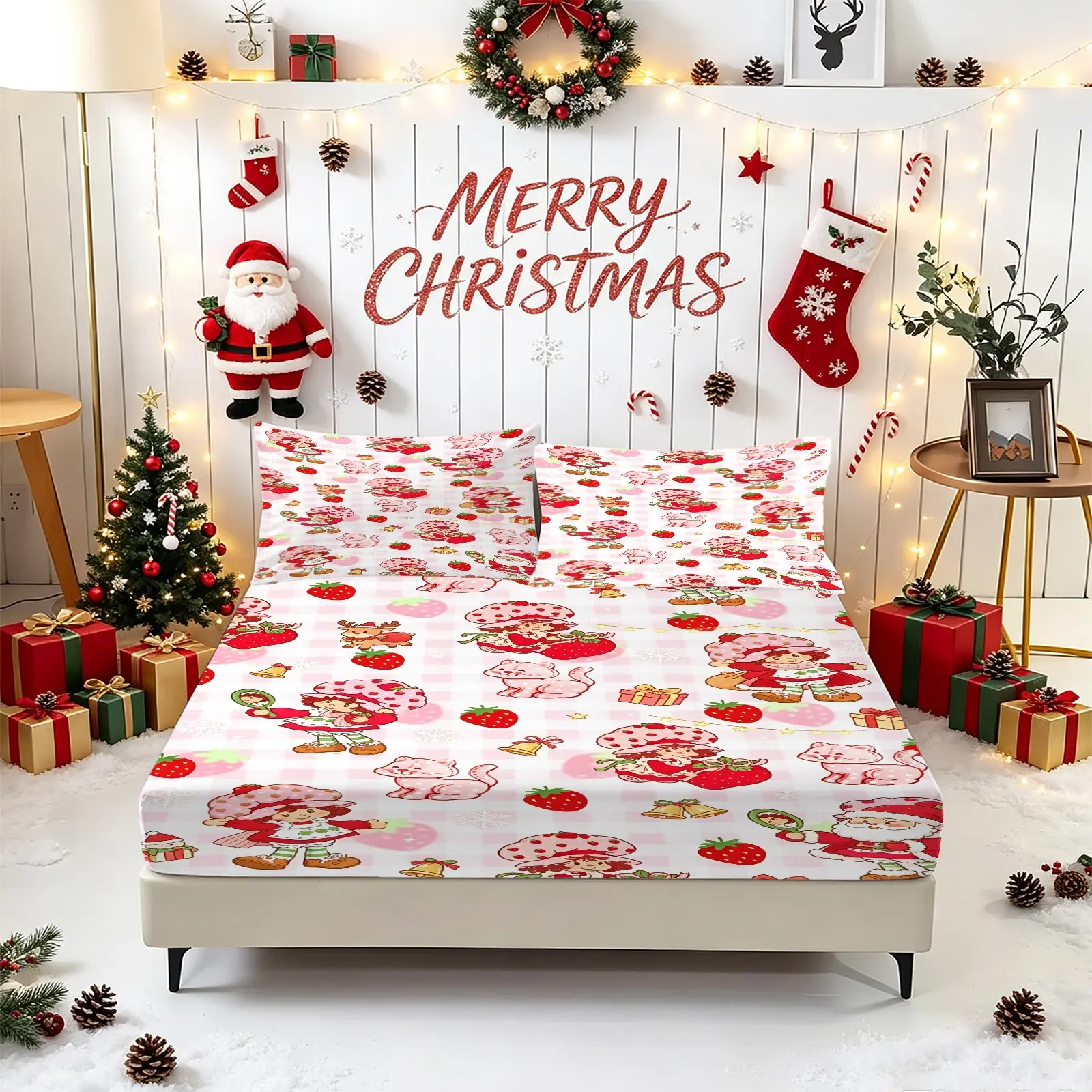 3Pcs Strawberry Girl Pattern Fitted Sheet Set (1 Fitted Sheet, 2 Pillowcase, Not Pillow Core), Christmas Theme Bedding Set, Deep Pocket Fitted Bed Sheet, Soft Breathable Bed Cover, breathable bedding sets, Sweet Cartoon Bedroom Decor, Perfect Gift X‑mas