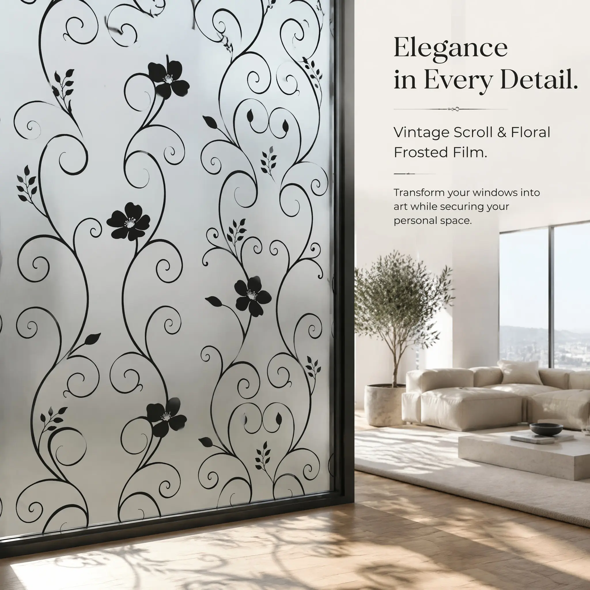 Classic Curly Vine Floral Frosted Window Film, High Privacy, Waterproof, Anti Glare, Removable, No Residue, for Bathroom & More