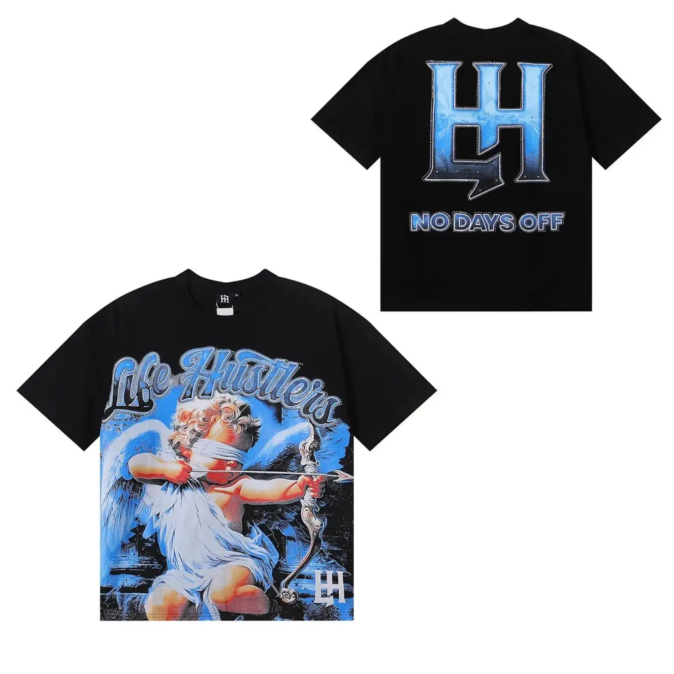 Life Hustlers Blindfold Cupid Angel Graphic Oversized T-Shirt - Black, Double-Sided, No Days Off, Heavyweight Cotton, Y2K 2000s Aesthetic, Hip Hop Streetwear, Crewneck, Loose Fit, Casual Daily Party Top for Young Men