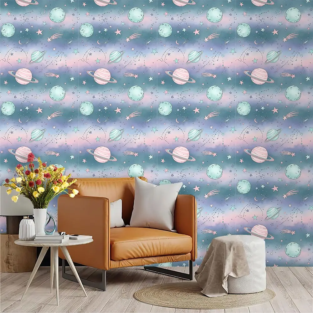 Macaron Dream Watercolor Starry Sky Theme Wallpaper, PVC Material, Peel and Stick, Mould-Proof, for Living Room, Kitchen, Bedroom