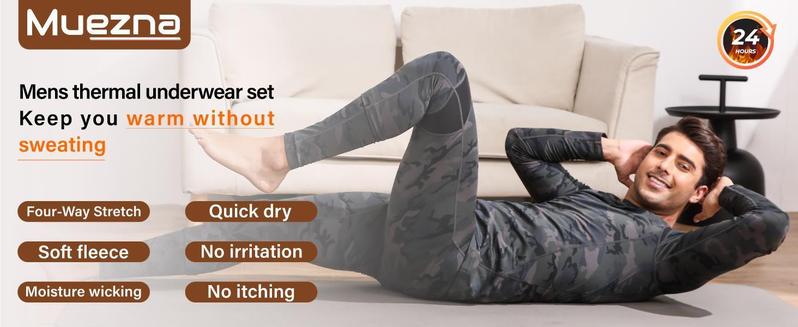 Muezna Men's Thermal Top and Bottom Set Underwear Long Johns Base Layer with Soft Fleece Lined Fabric Black with White Accents