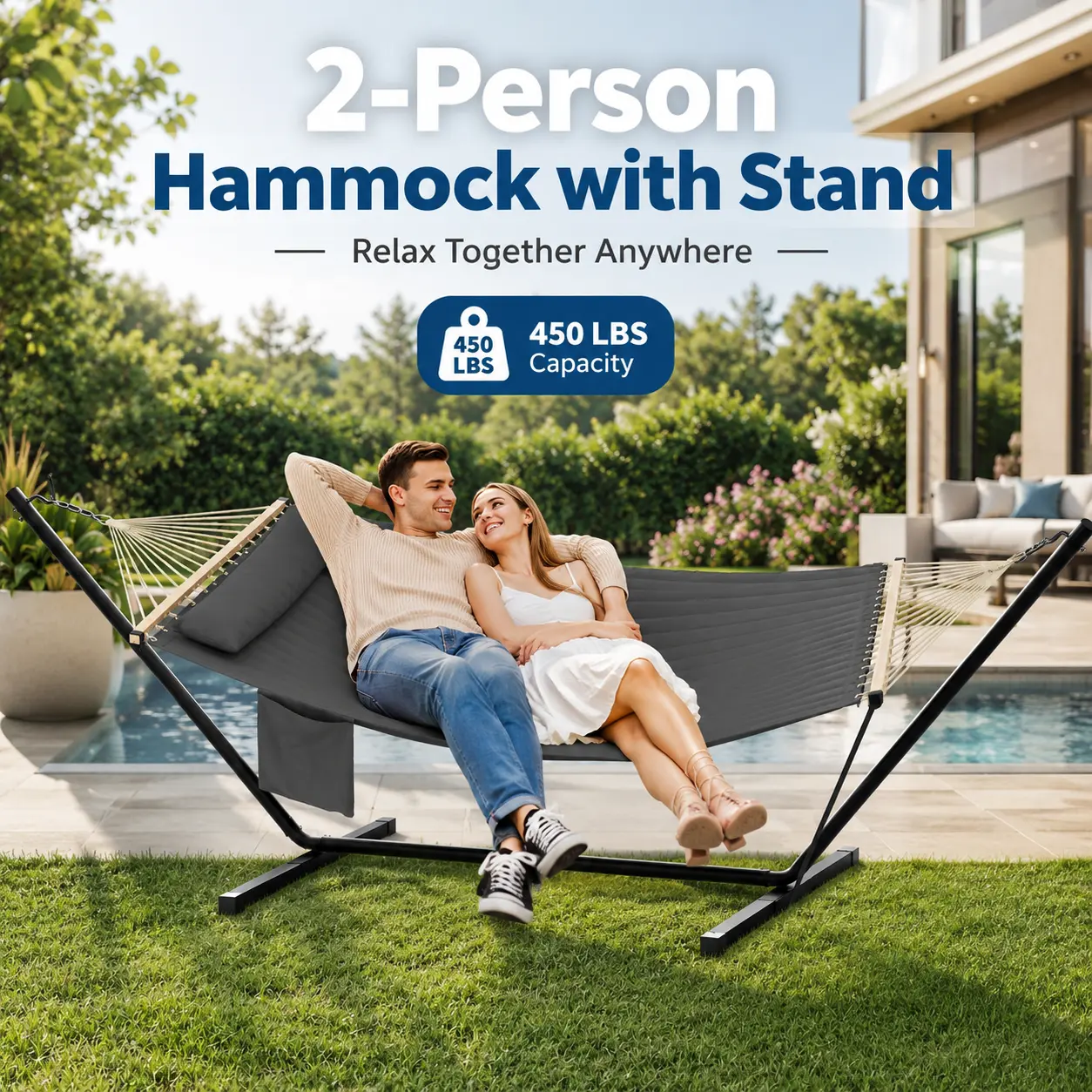 2 Person Outdoor Hammock with Stand, Portable Hammock with Soft Pillow&Balance Ropes, for Patio, Backyard, Garden, Beach, Blue Stripe