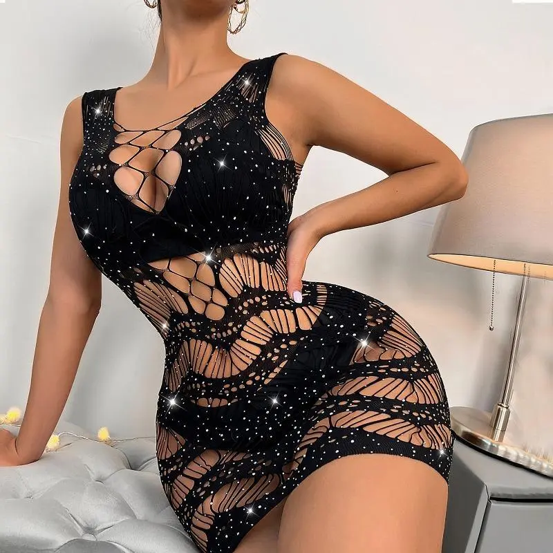 Women's Rhinestone Mesh Bodysuit, Long Sleeve Hollow Out Sparkly Fishnet Single-Piece Body Suit, Clubwear Fashion Accessory, Mesh Bodysuits