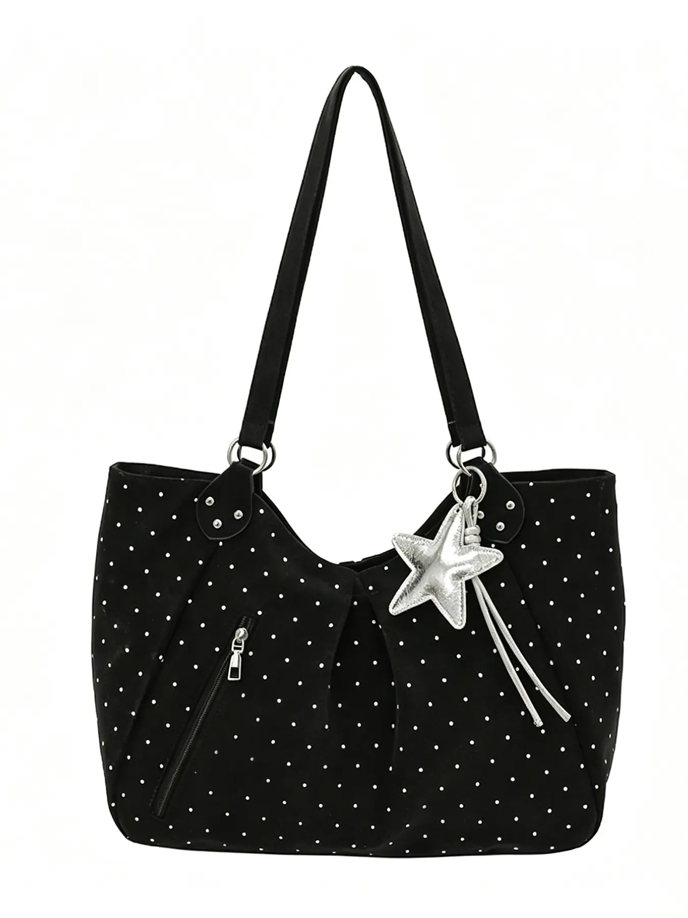 Vintage Polka Dot Ruched Design Tote Bag, Detachable Rabbit Star Charm, Large Capacity PU Leather Commuter Handbag, Girl Student Book Bag