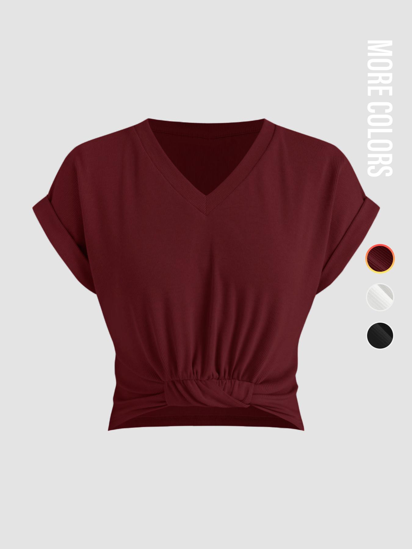 Women's Plain V Neck Fitted Tee, Casual Short Sleeve T-Shirt for Summer, Ladies Clothes for Daily Wear