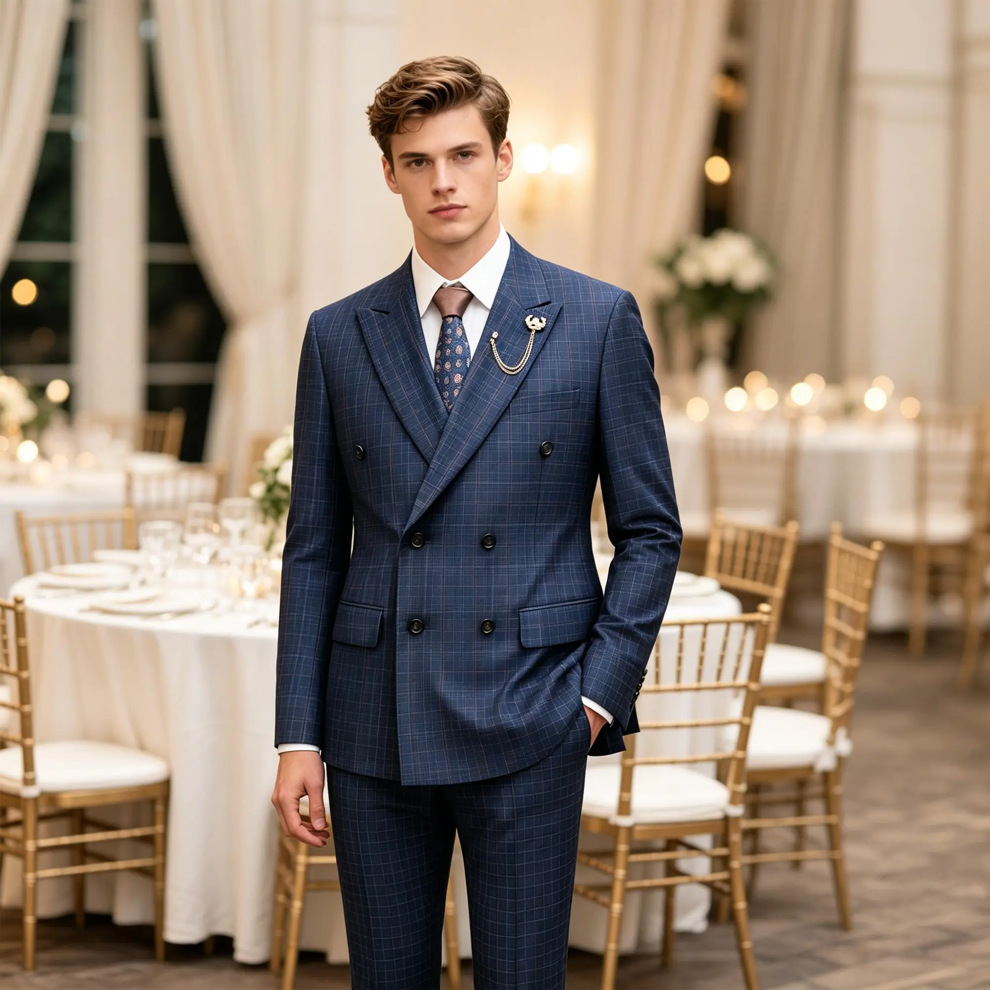 Men's 2-Piece Classic Plaid Double Breasted Slim Fit Formal Suit - Elegant Brown Menswear with Tailored Blazer and Soft Smooth Fabric Trousers