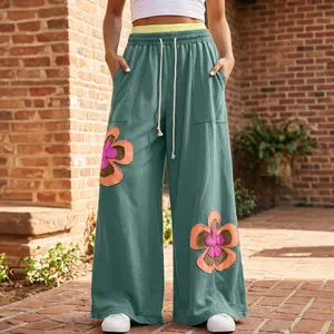 Women's Sea Green Color Block Wide Leg Pants, Floral Patchwork Drawstring Elastic Waist Pants, Casual Summer Vacation Bottoms