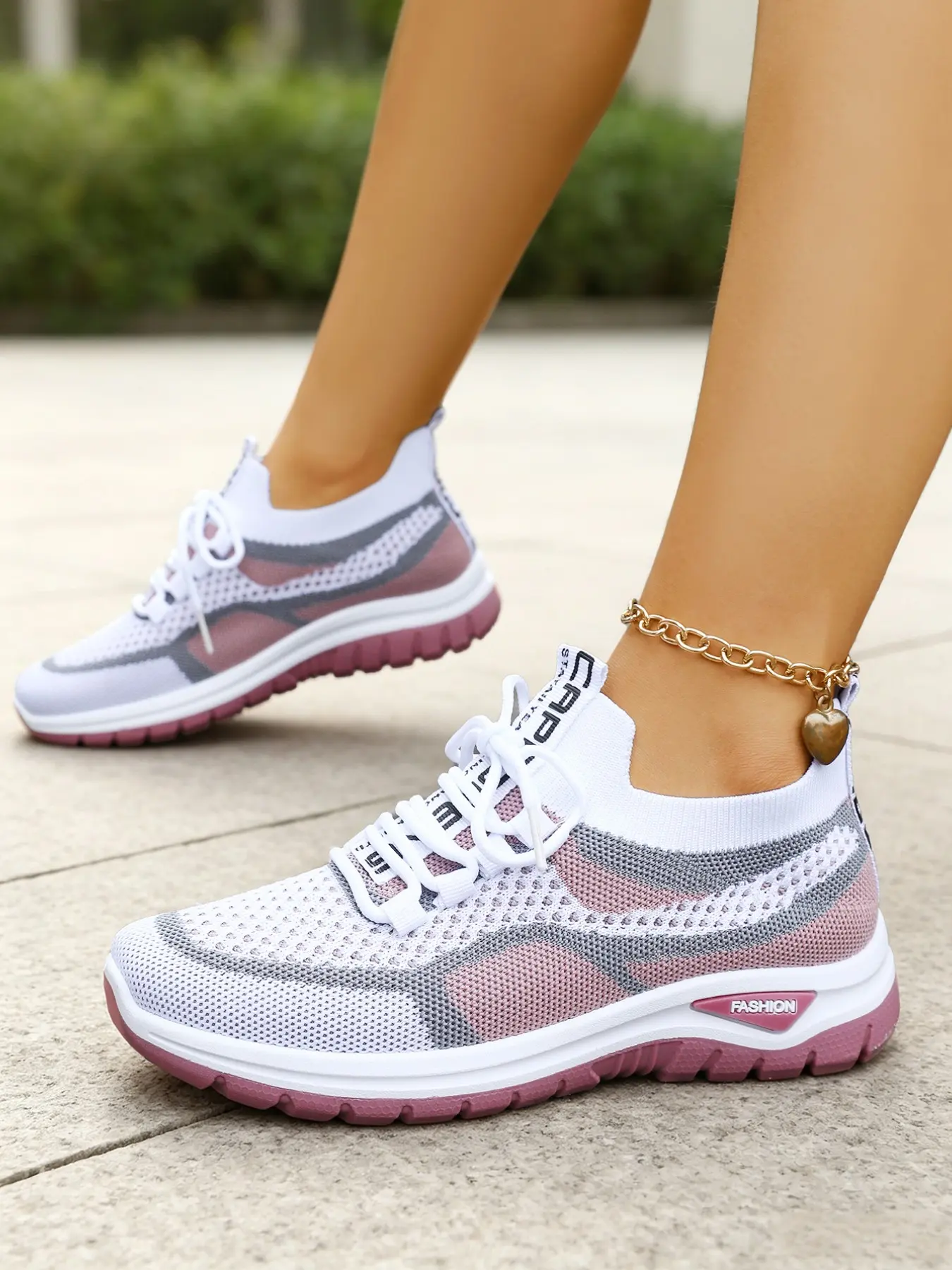 Women Color Block Hollow Knit Lace Up Platform Walking Sneakers, Light Shock Absorbing Non-Slip Rugged Sole Casual Daily Trainers with Letter Pull Tabs for Outdoor Shopping Jogging & Street Wear, Nonslip Walking Shoes
