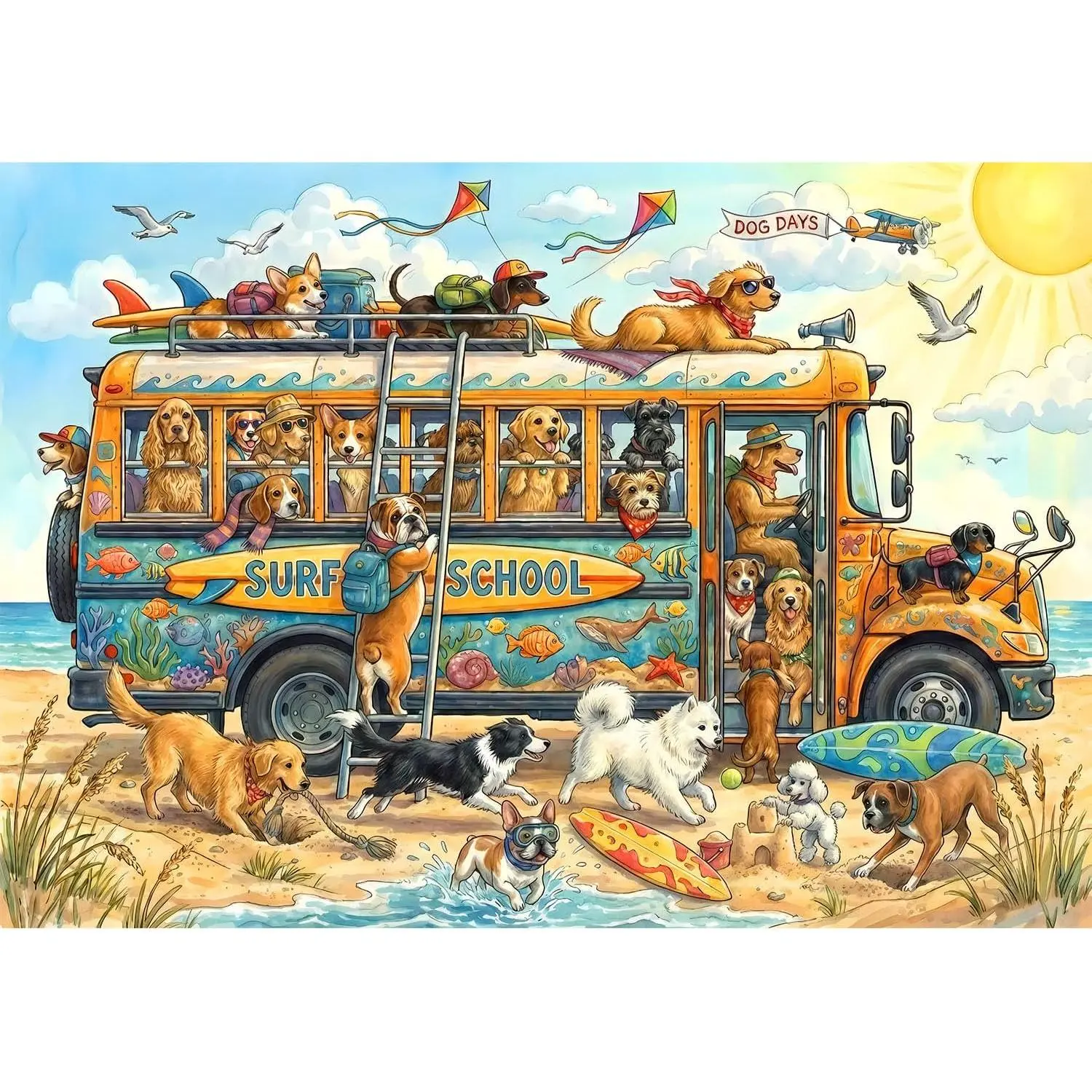 Puzzles for Kids 200 Piece Jigsaw Puzzles for Kids Aged 6 to 12 - Dogs On The Beach Surf Fun Animal Puzzle - Colorful Children Puzzles for Girls and Boys Educational Toys