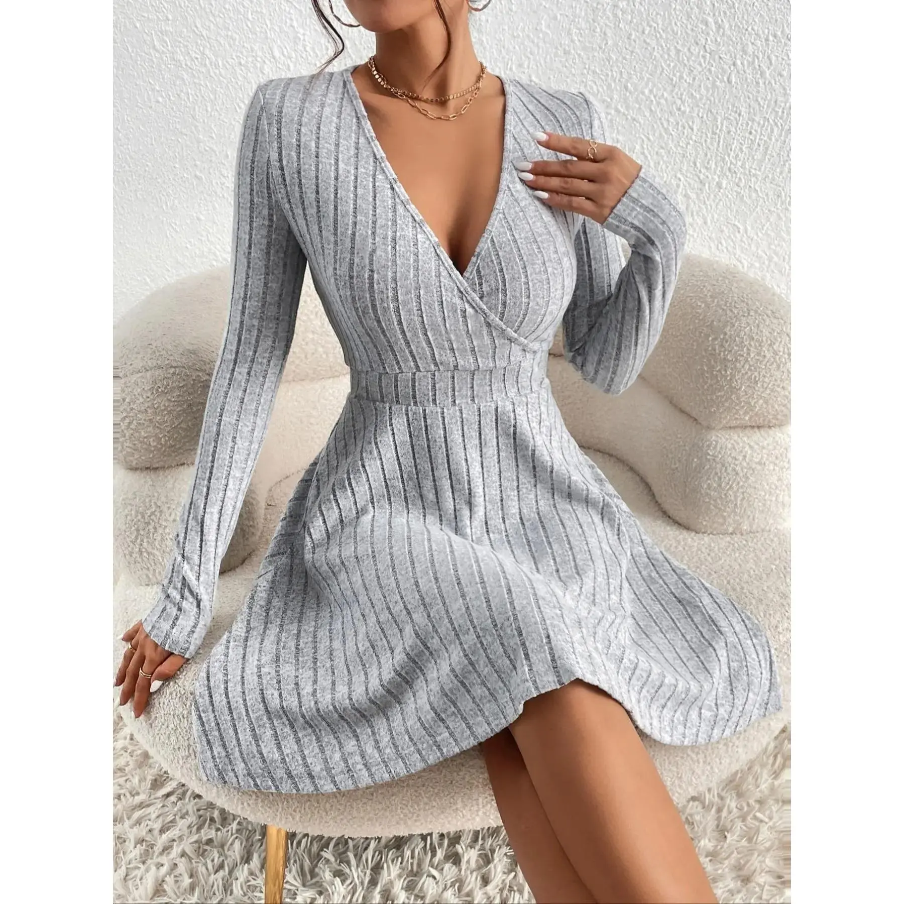 Elegant Women's Cross V-Neck Long Sleeve Dress, Fall & Winter A-Line Slimming Skirt, Pure Color Fashionable