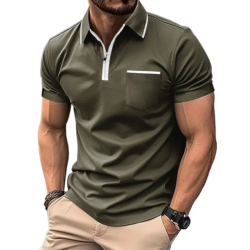Men Color Block Zip Placket Short Sleeve Polo Shirt, Slim Fit Collared Pocket T-Shirt Breathable Casual Top for Summer Daily Wear