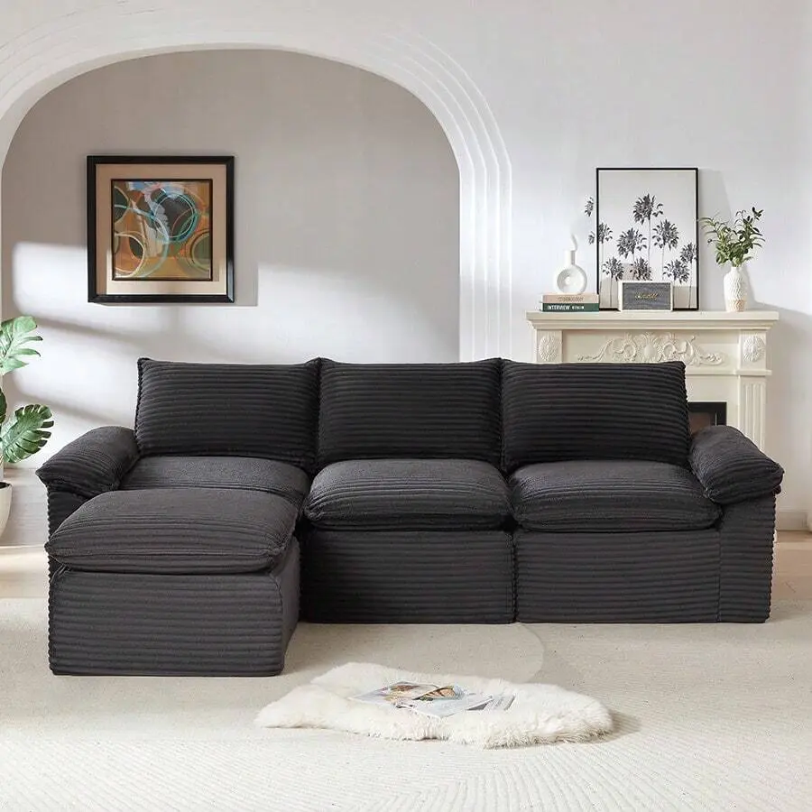 L-Shaped Modular Sectional Couch, Cloud Sofa With Ottoman, Deep Seat Corduroy Upholstered Sofa, Comfortable-Density Sponge Filled Modular Cloud-Like Sofa Living Room, Corner Lounge Sofa Apartment Small Space Home Furniture