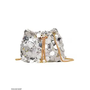 Sequin Drawstring Bucket Bag For Women, Pearl Charm Evening Purse With Gold Chain Strap And Luxe Textured Design,  Birthday Parties, Date Nights And Formal Events, Quiet Luxury Fashion Accessory, Chic Party Crossbody Bag