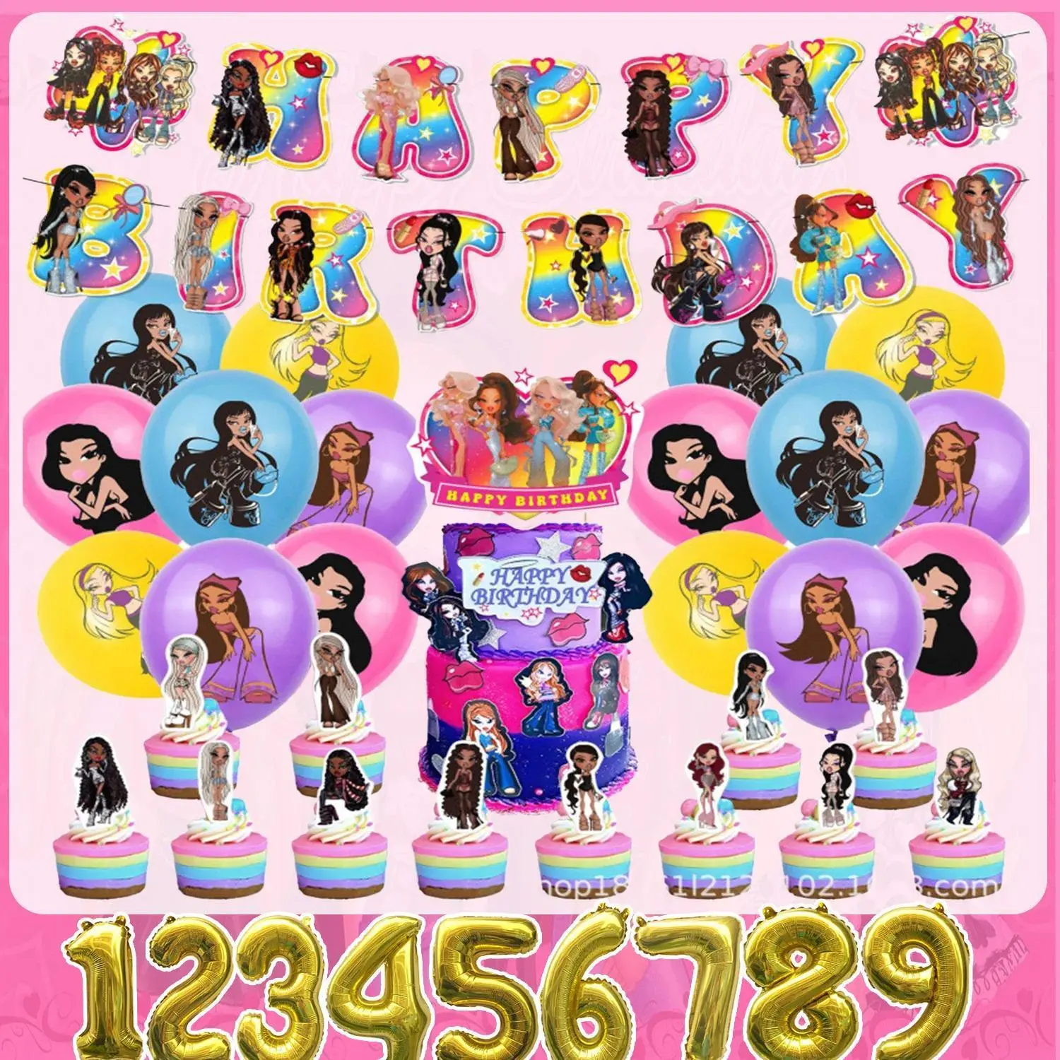 Cartoon-Bratz-Girls Theme Birthday Party Decor Classic Backdrop Banner Balloon Cake Topper Kit for Kids Y2K Theme Party Supplies
