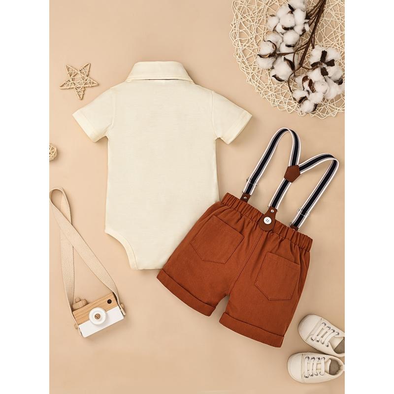 Baby Boy Gentleman Outfit Valentine's Day Baby Romper Shirt with Bow Tie and Suspender Shorts Baby Suit Set
